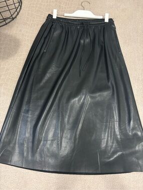 GAP Black Vegan Leather Midi Skirt with Drawstring Waist